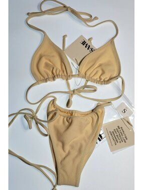 SAME Los Angeles Bikini Set S Triangle Top High Waist Bottom Beige Textured NWTM